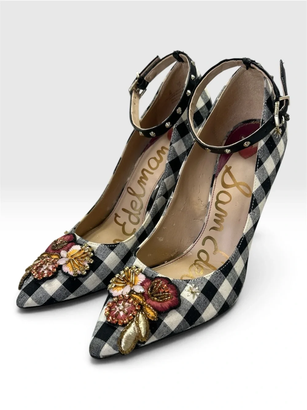 Sam Edelman Hermione Gingham Pumps Sz 7 Bee Floral Studded Optional Ankle Strap